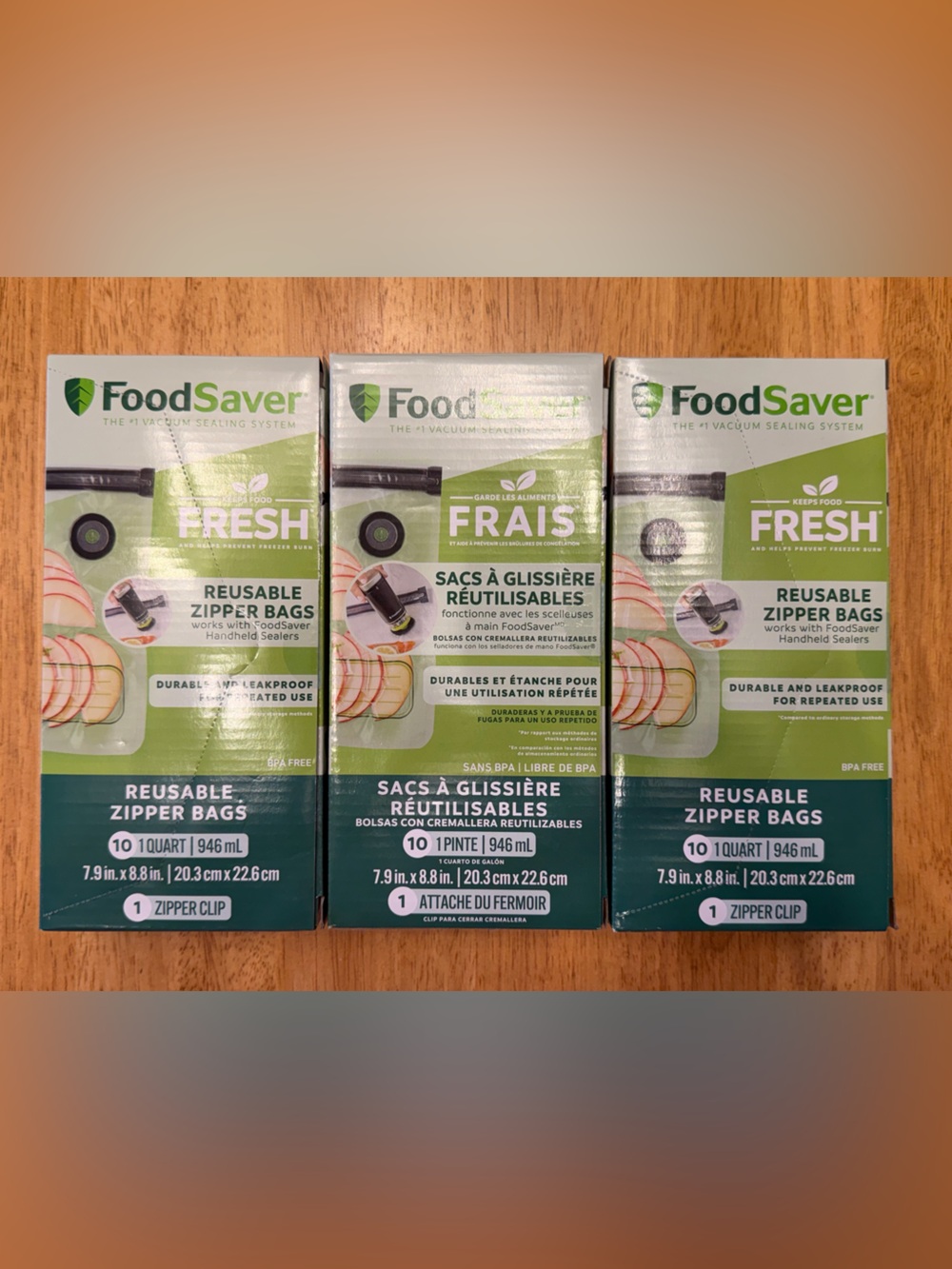 3x FoodSaver Reusable Zipper Bags - 10 Per Box - 1 Quart